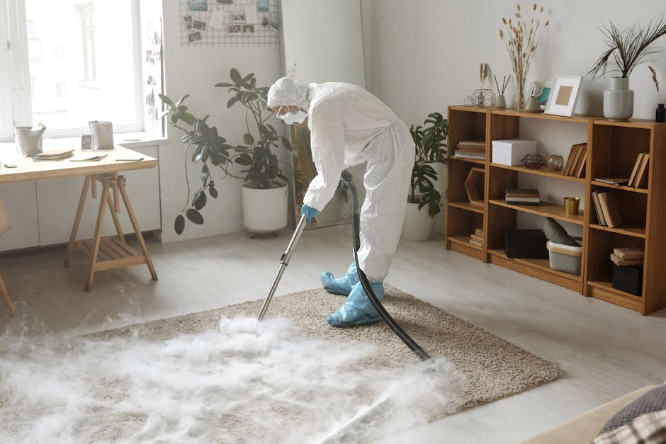 A professional cleaner from Knightsbridge Carpet Cleaning is performing deep surface cleaning in a bright, modern living room. The individual is wearing a full white protective suit, including a hood, gloves, and blue shoe covers, while using a specialized steam or extraction machine connected to a long black hose to thoroughly clean a plush beige rug on the light wood floor. The room features natural light coming through large windows, a wooden shelving unit with decorative items and books, potted plants, and minimal furnishings, emphasizing the clean, organized space. Visible cleaning equipment and the pristine condition of the rug highlight a focus on hygiene and effective carpet maintenance, aligning with residential and commercial cleaning standards.
