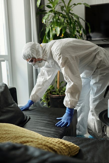 A professional cleaner wearing a white protective suit, face mask, and blue gloves is performing surface cleaning on a dark-colored fabric sofa in a living room with natural light coming through a window. The cleaner appears to be inspecting or preparing the sofa for deep cleaning or sanitisation, with a focus on maintaining hygiene standards. In the background, there is a large green potted plant and modern furniture, including a side table, contributing to a clean and well-maintained domestic setting. The scene highlights the importance of meticulous upholstery cleaning as part of professional domestic cleaning services offered by Knightsbridge Carpet Cleaning, especially when addressing short notice sofa cleaning and landlord requirements.