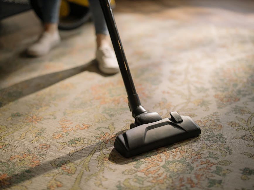 A person vacuuming a patterned area rug using a black handheld vacuum cleaner with a slim nozzle attachment, in a well-lit room with wooden flooring visible in the background. The scene emphasizes surface cleaning and maintaining hygienic, dust-free carpets, consistent with deep cleaning practices by Knightsbridge Carpet Cleaning, as seen in the SW1X rug cleaning guide for Knightsbridge. The clean, polished appearance of the rug and the focus on the vacuum cleaner highlight professional domestic or commercial cleaning processes.